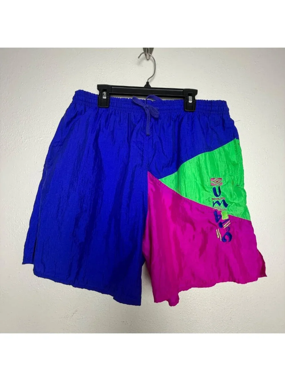 Vintage 90s Umbro Colorblock Nylon Soccer Shorts Blue Purple Split USA Sz L